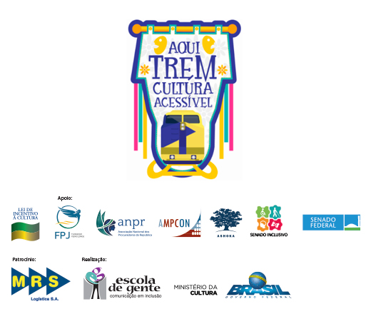 DESCRIÇÃO DA IMAGEM: Logo do projeto “Aqui trem cultura acessível”. Consiste de um trem azul e amarelo dentro de um estandarte que tem as mesmas cores, bem como o nome do projeto. Abaixo, logos dos realizadores, patrocinadores e apoiadores do projeto.