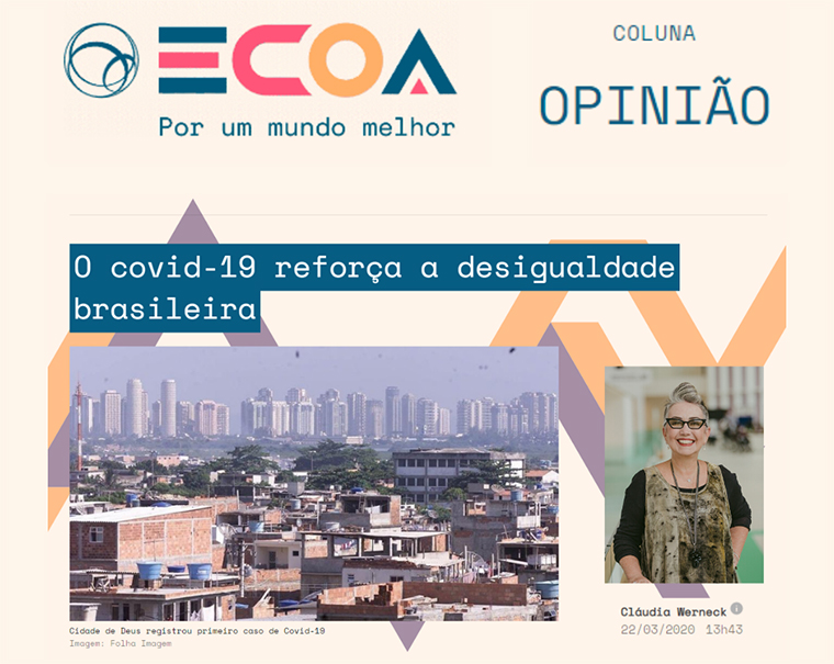 Recorte da página da publicação do artigo, onde em destaque está uma foto que em primeiro plano estão casas da Cidade de Deus, e ao fundo, prédios da Barra da Tijuca.