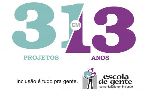 Logotipo da campanha de 13 anos da Escola de Gente. Nele, são enaltecidos os 31 projetos da Escola de Gente, com os 13 anos de idade da ONG.