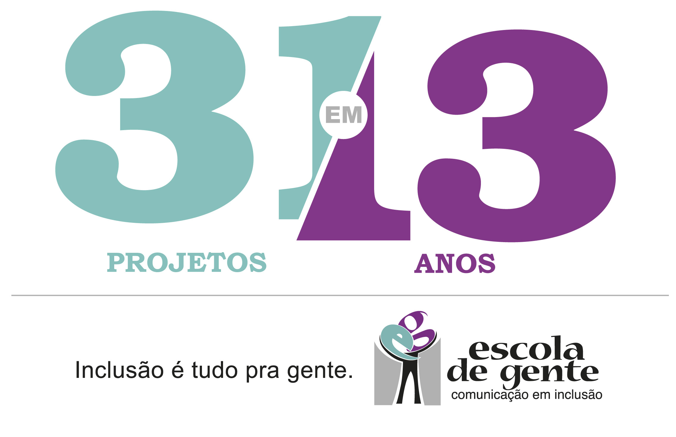 Logotipo da campanha de 13 anos da Escola de Gente. Nele, são enaltecidos os 31 projetos da Escola de Gente, com os 13 anos de idade da ONG.