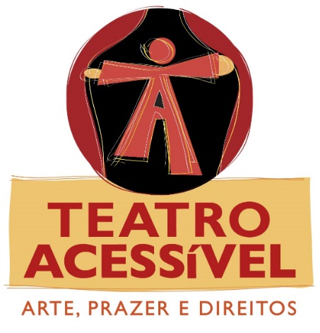 Logo Teatro Acessível - Sobre fundo branco, dentro de um círculo com fundo preto, em vermelho, as letras T e A formam um boneco estilizado. O boneco com os braços estendidos para os lados, abre uma cortina vermelha. Abaixo do círculo, um retângulo amarelo, onde, em vermelho, está escrito Teatro Acessível. Abaixo do retângulo sobre fundo branco em vermelho, arte, prazer e direitos.