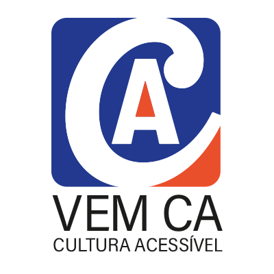 Logo Vem CA - Cultura Acessível - A letra C, com a letra A dentro dela. Escritas em branco são destacadas por fundo azul e vermelho. Abaixo em preto, VEM CA - Cultura Acessível.